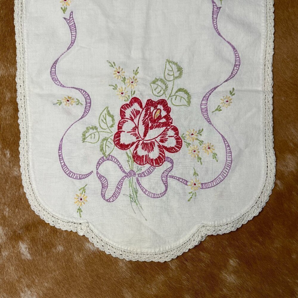 Vintage Floral Embroidered Cottagecore Table Runner - 32'' Long